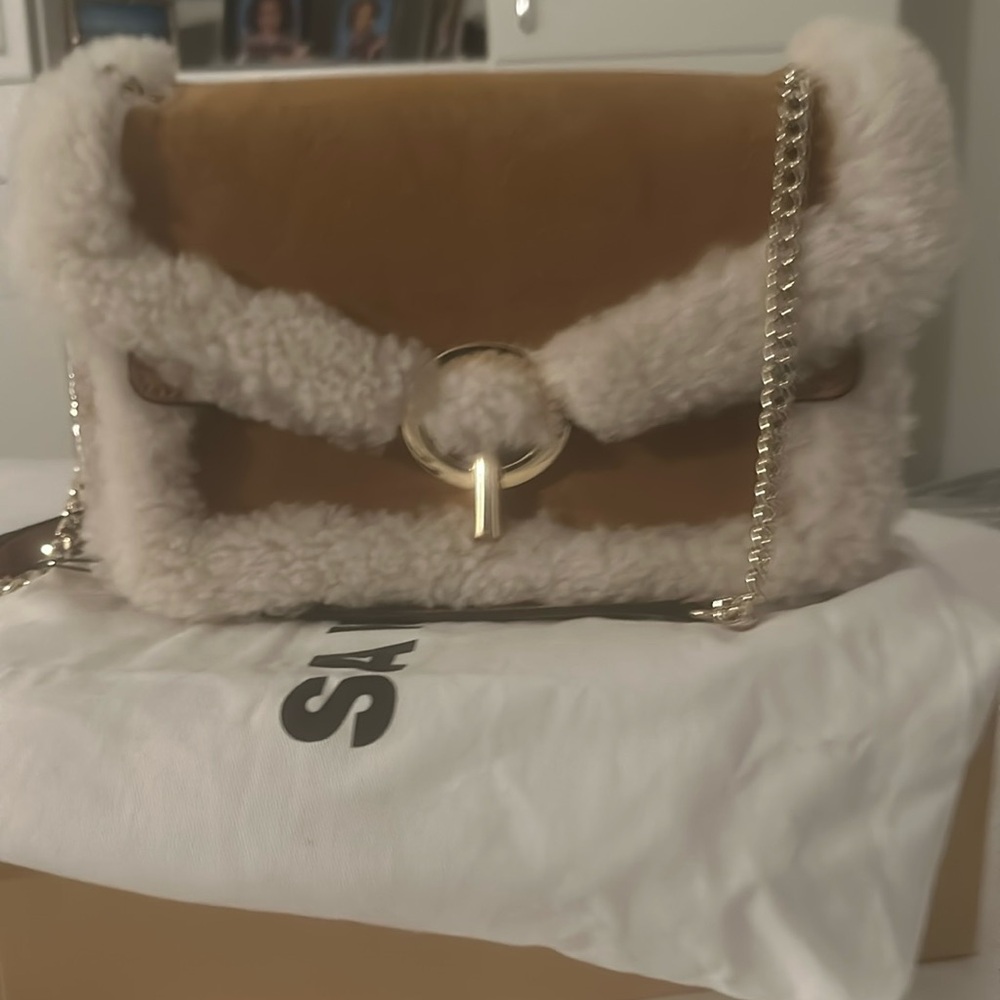 Sandro Yza Shearling-Trimmed Suede Sherpa Crossbody Bag NWT